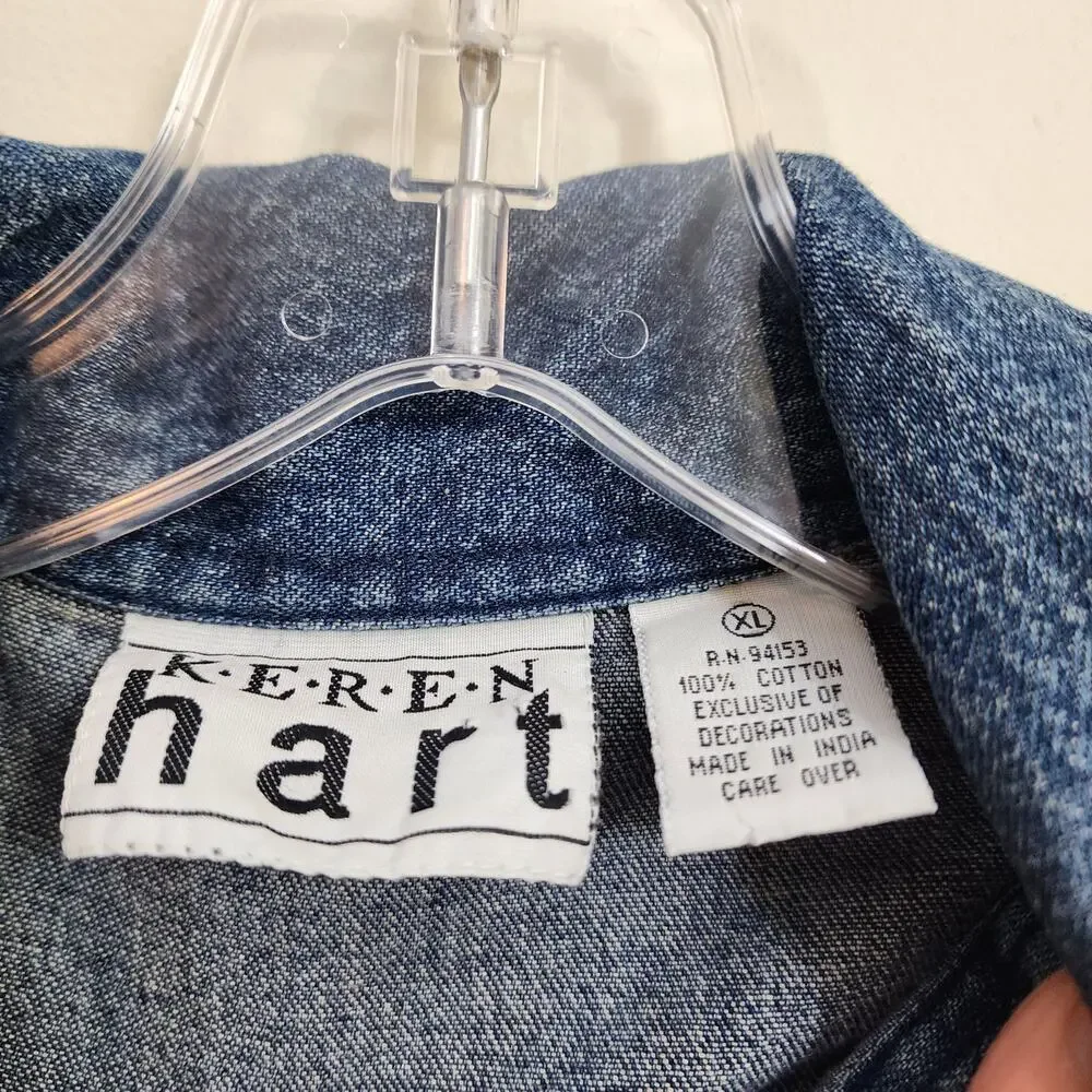 Vintage Keren Hart embroidered and quilted denim button front jacket woman sz XL